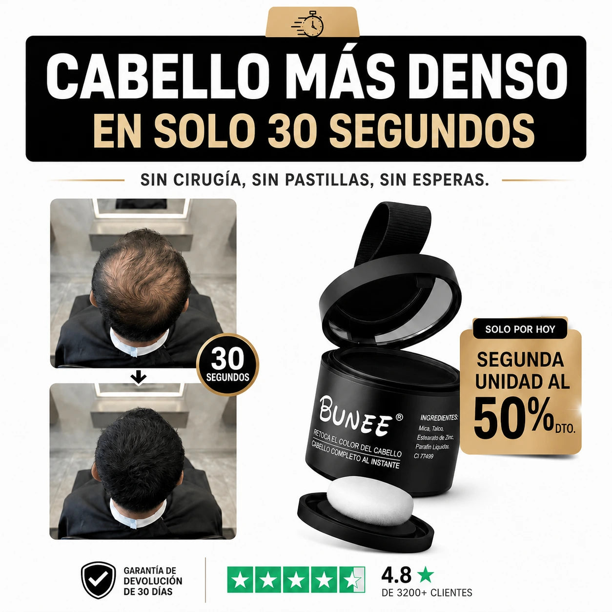 Bunee® - Pelo Más Denso en Solo 30 Segundos Sin Que Nadie Lo Note